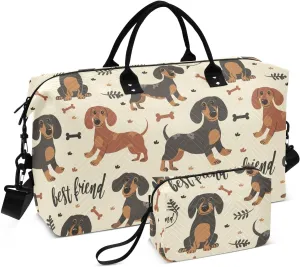 Sinestour Brown Dachshund Dog Travel Duffel Bag for Men Women with Makeup Bag Weekend Overnight Carry On Bags for Under Seat Travel Airline