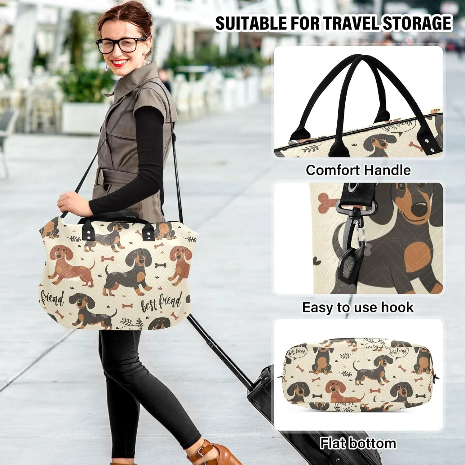 Sinestour Brown Dachshund Dog Travel Duffel Bag for Men Women with Makeup Bag Weekend Overnight Carry On Bags for Under Seat Travel Airline