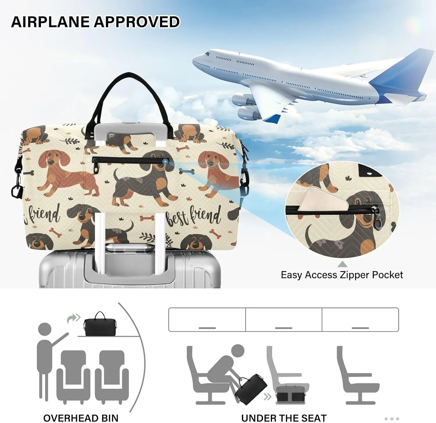 Sinestour Brown Dachshund Dog Travel Duffel Bag for Men Women with Makeup Bag Weekend Overnight Carry On Bags for Under Seat Travel Airline