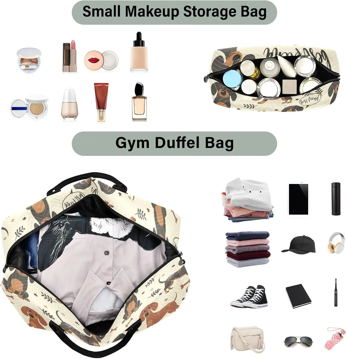 Sinestour Brown Dachshund Dog Travel Duffel Bag for Men Women with Makeup Bag Weekend Overnight Carry On Bags for Under Seat Travel Airline