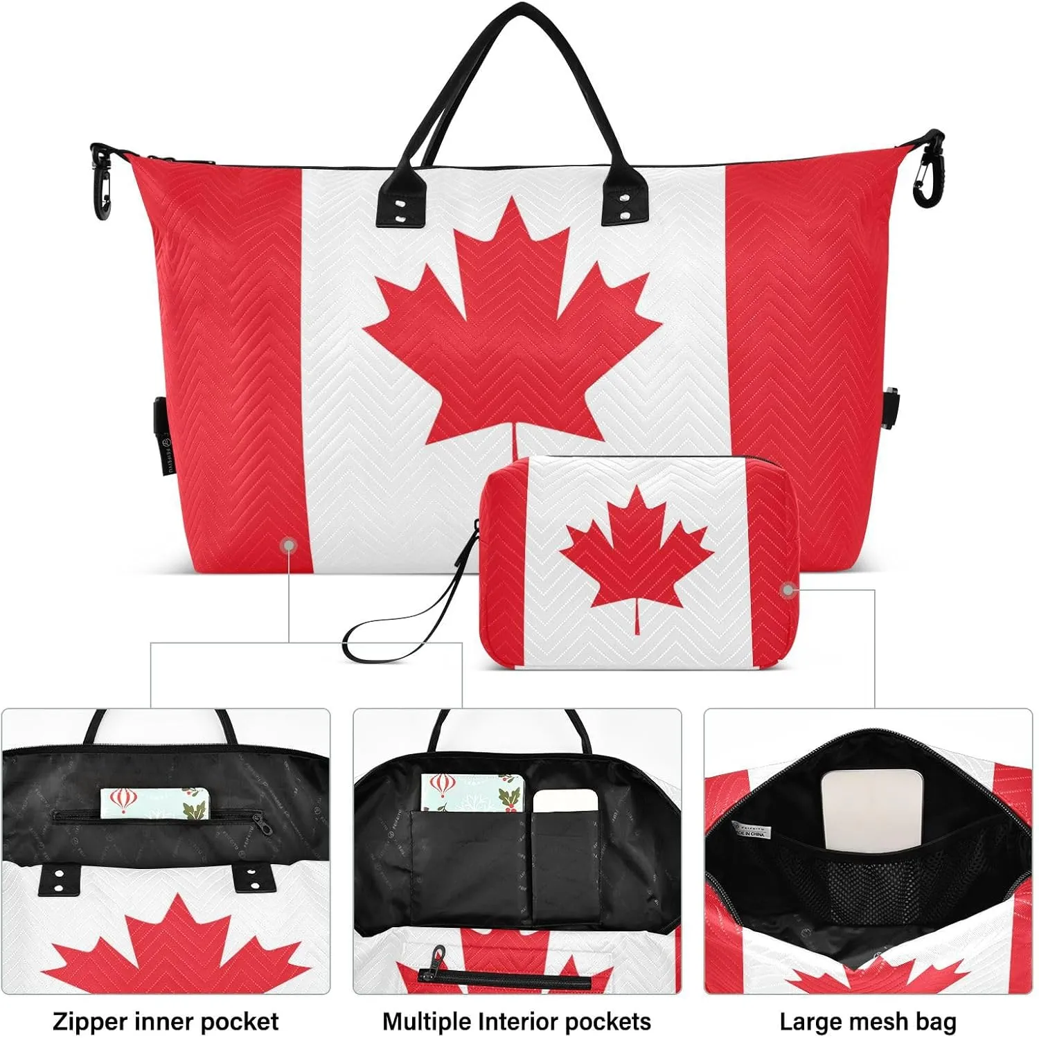 Sinestour Canada Flag Travel Duffel Bag for Men Women with Makeup Bag Weekend Overnight Carry On Bags for Airline Travel Gym