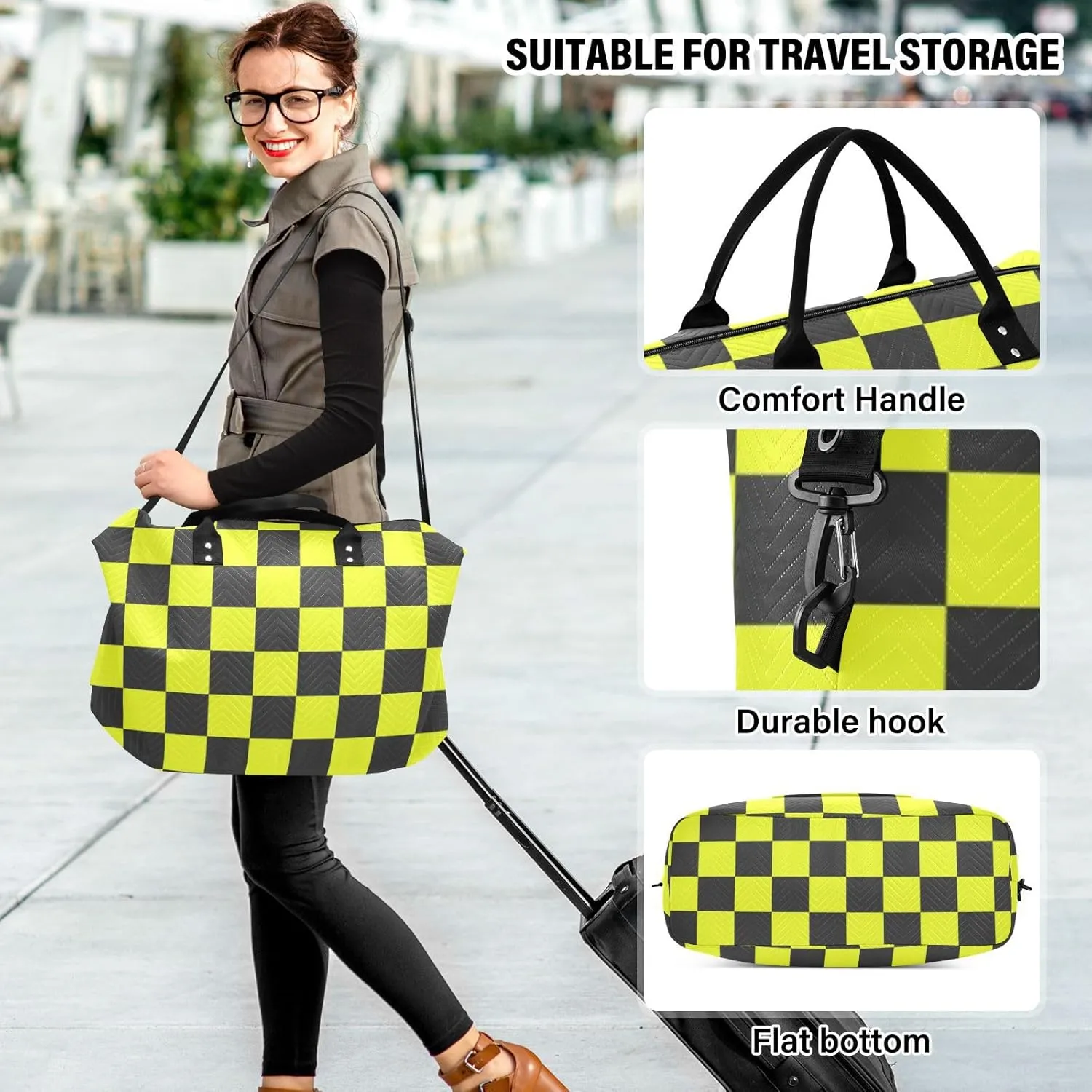 Sinestour Checkboard Black Yellow Plaid Travel Duffel Bag for Men Women with Makeup Bag Weekend Overnight Carry On Bags for Yoga Travel Gym