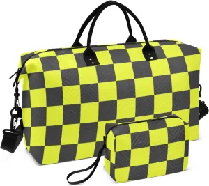 Sinestour Checkboard Black Yellow Plaid Travel Duffel Bag for Men Women with Makeup Bag Weekend Overnight Carry On Bags for Yoga Travel Gym