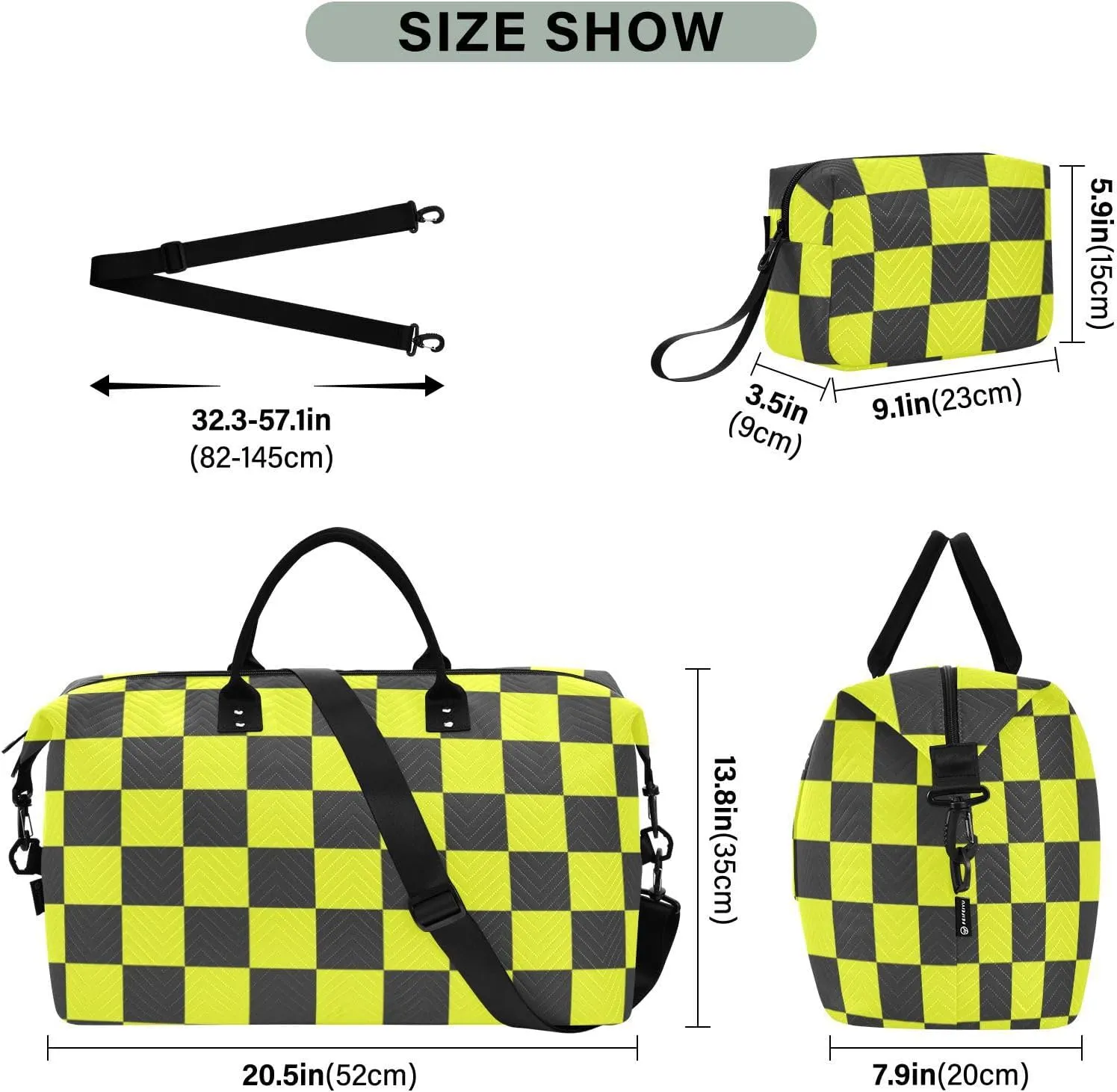 Sinestour Checkboard Black Yellow Plaid Travel Duffel Bag for Men Women with Makeup Bag Weekend Overnight Carry On Bags for Yoga Travel Gym
