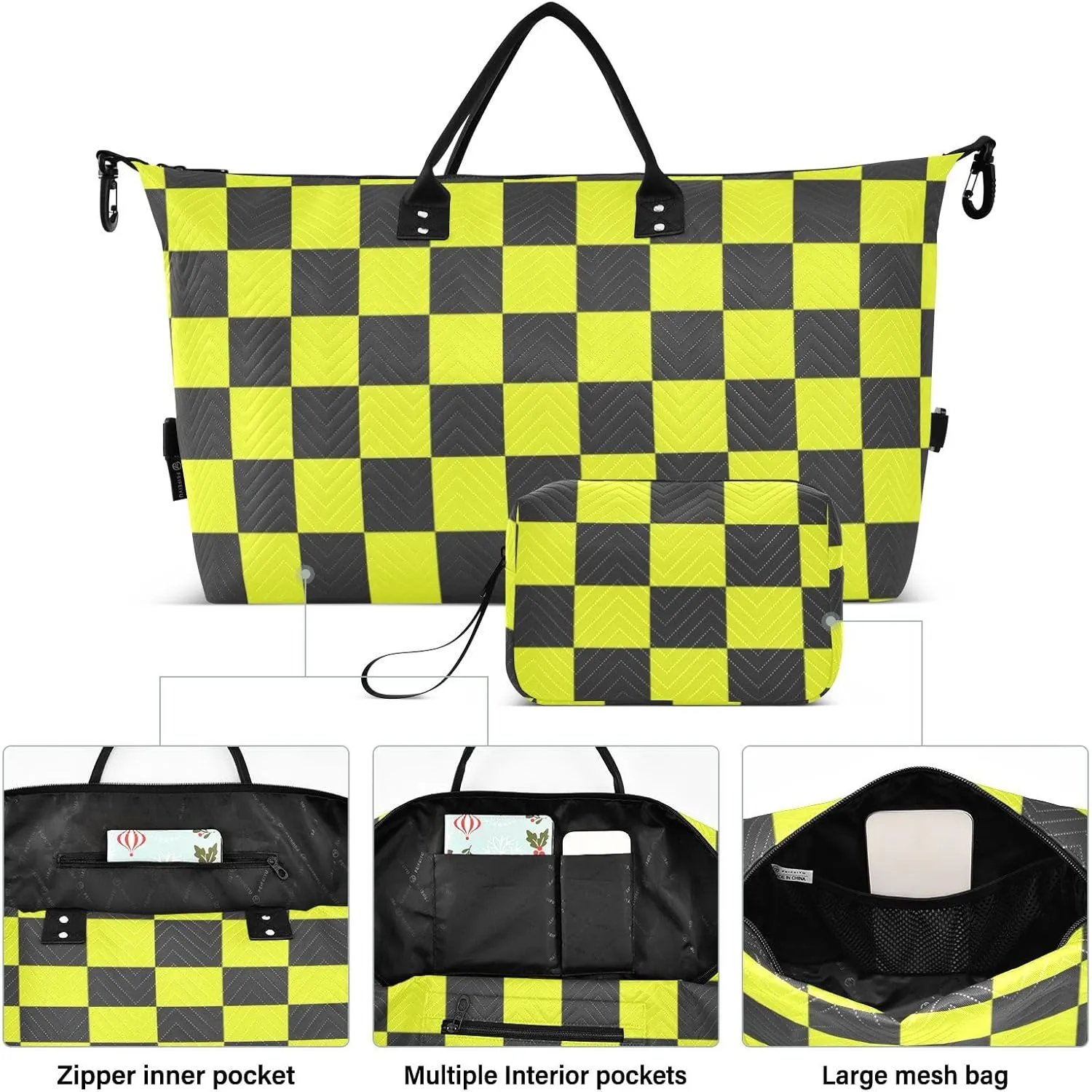 Sinestour Checkboard Black Yellow Plaid Travel Duffel Bag for Men Women with Makeup Bag Weekend Overnight Carry On Bags for Yoga Travel Gym
