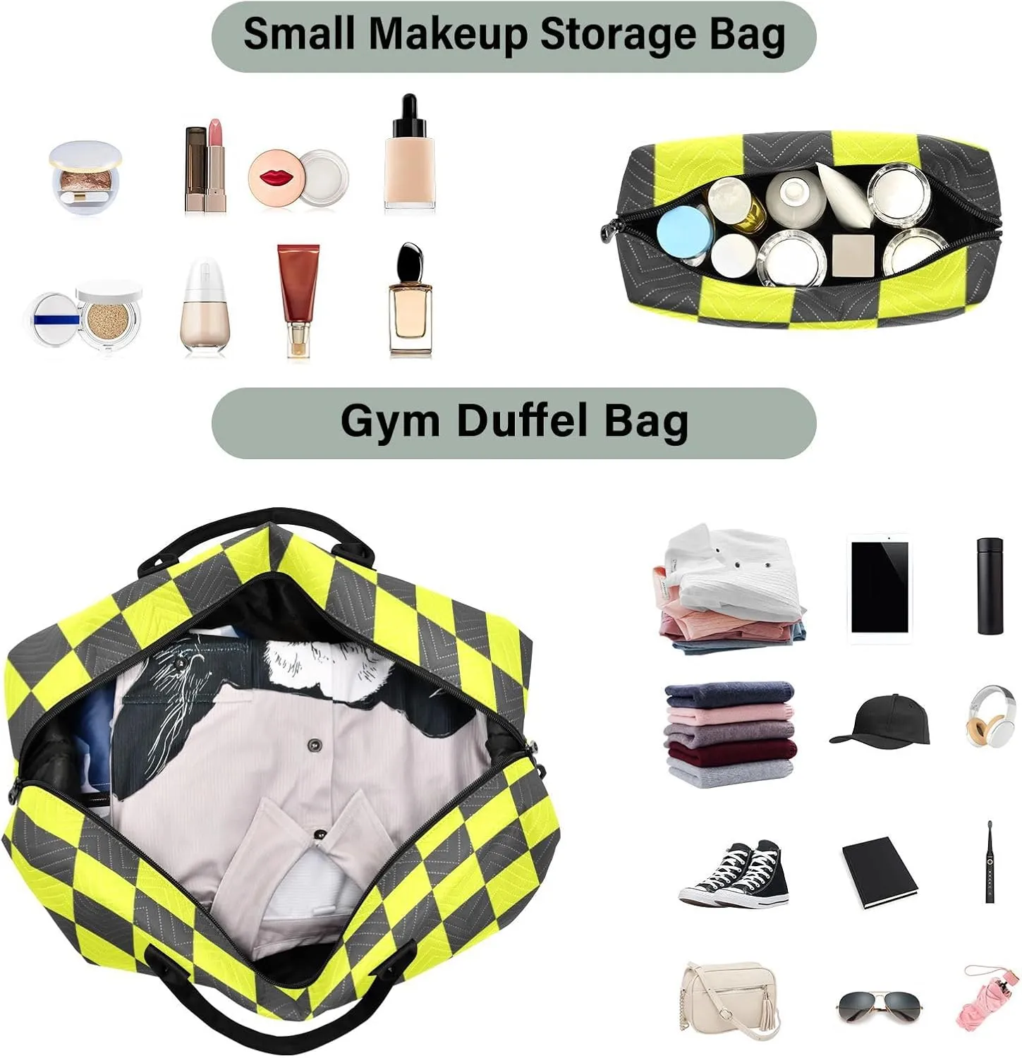 Sinestour Checkboard Black Yellow Plaid Travel Duffel Bag for Men Women with Makeup Bag Weekend Overnight Carry On Bags for Yoga Travel Gym