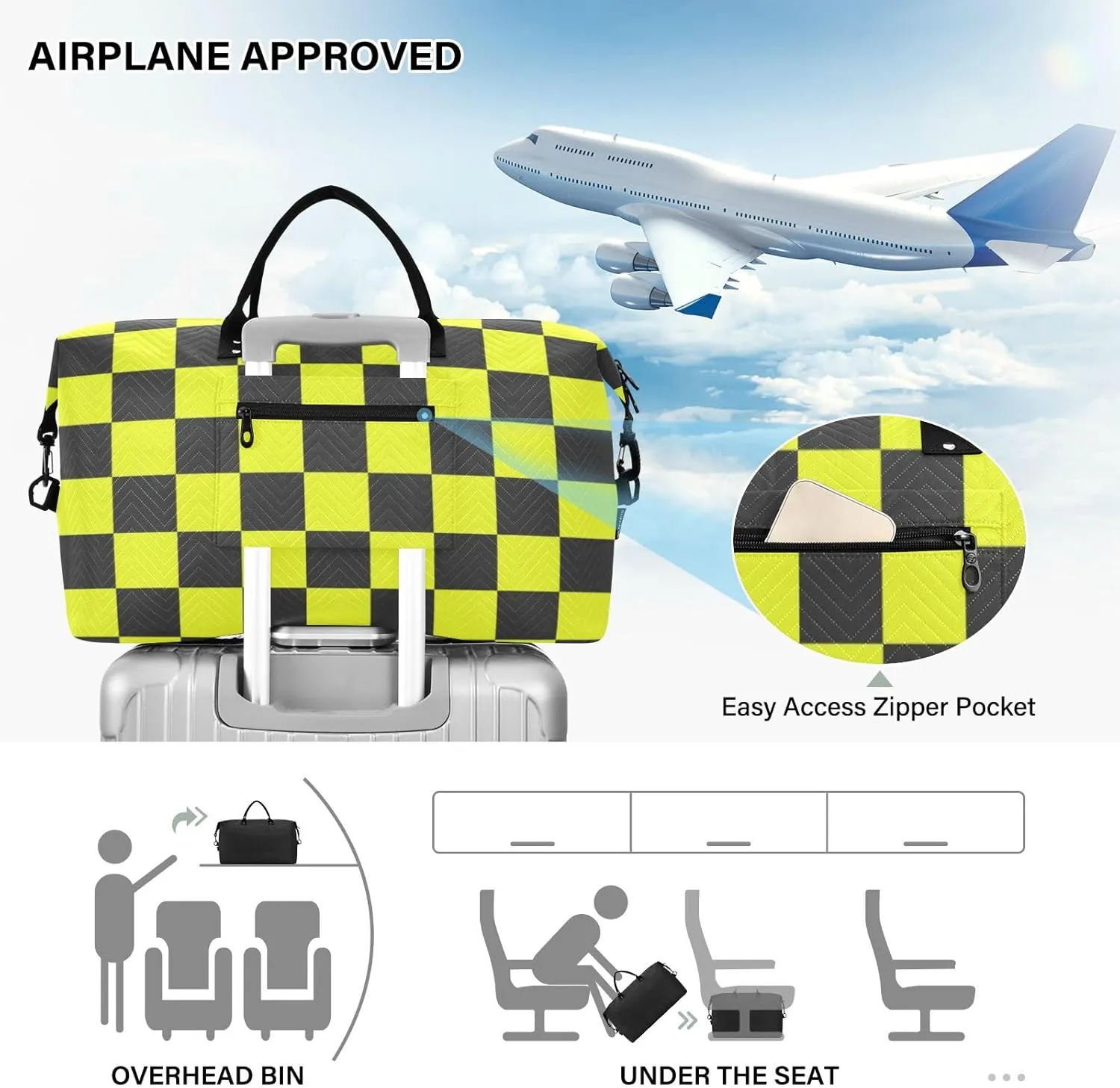 Sinestour Checkboard Black Yellow Plaid Travel Duffel Bag for Men Women with Makeup Bag Weekend Overnight Carry On Bags for Yoga Travel Gym