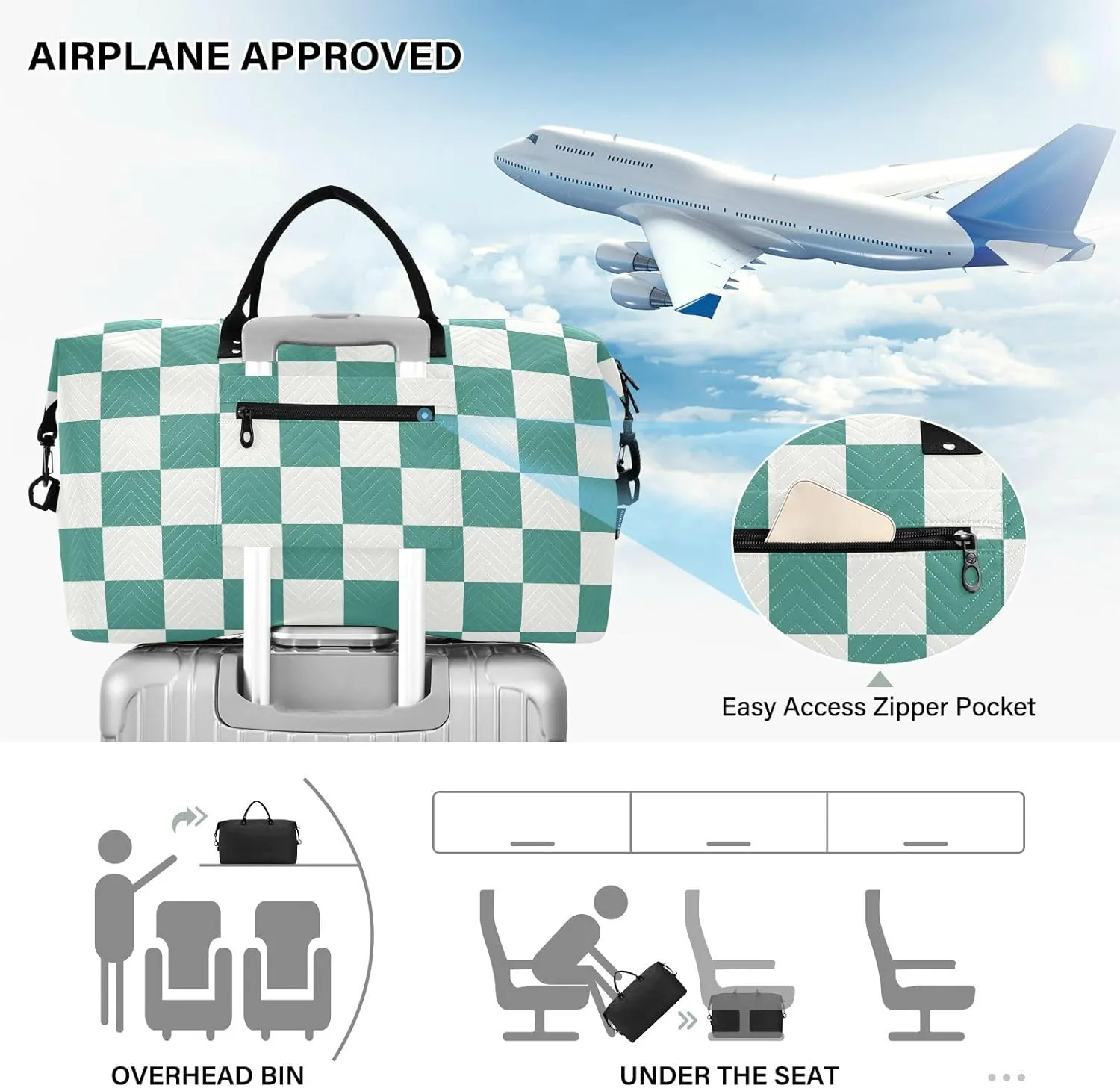 Sinestour Checkerboard Green White Plaid Travel Duffel Bag for Men Women with Makeup Bag Weekend Overnight Carry On Bags for Airline Under Seat Travel