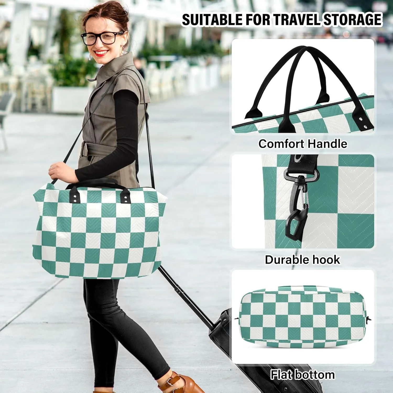 Sinestour Checkerboard Green White Plaid Travel Duffel Bag for Men Women with Makeup Bag Weekend Overnight Carry On Bags for Airline Under Seat Travel