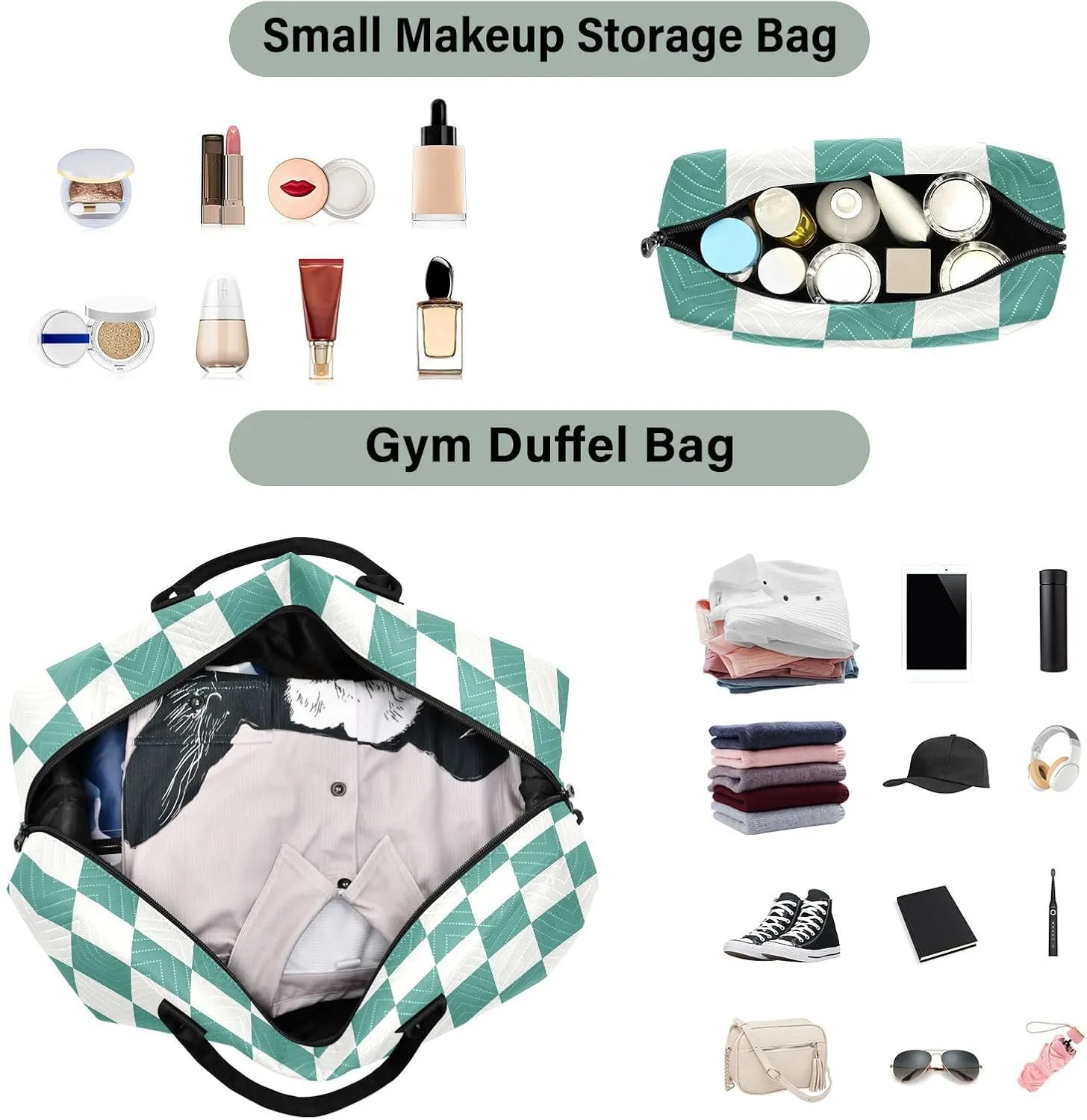 Sinestour Checkerboard Green White Plaid Travel Duffel Bag for Men Women with Makeup Bag Weekend Overnight Carry On Bags for Airline Under Seat Travel