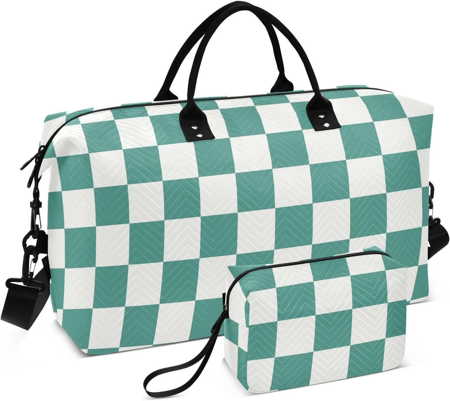 Sinestour Checkerboard Green White Plaid Travel Duffel Bag for Men Women with Makeup Bag Weekend Overnight Carry On Bags for Airline Under Seat Travel
