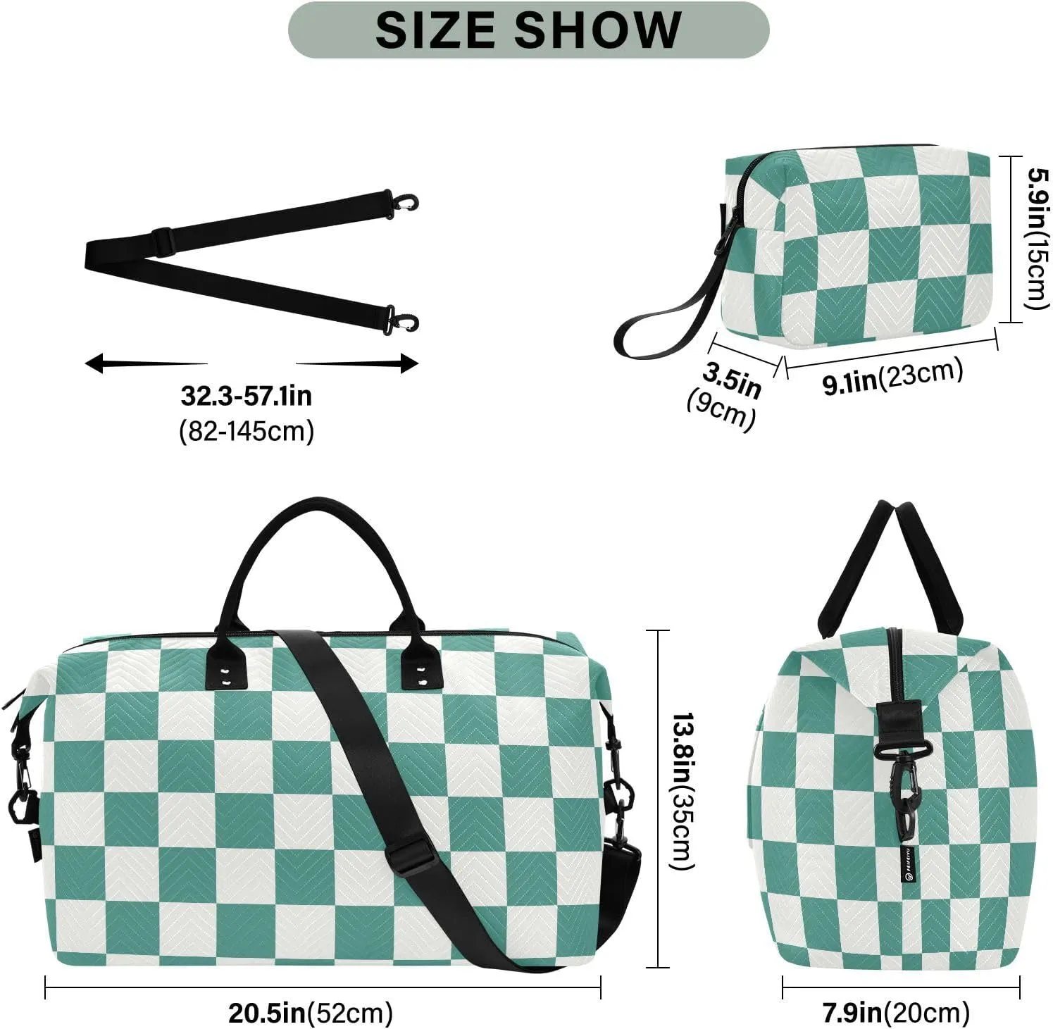 Sinestour Checkerboard Green White Plaid Travel Duffel Bag for Men Women with Makeup Bag Weekend Overnight Carry On Bags for Airline Under Seat Travel