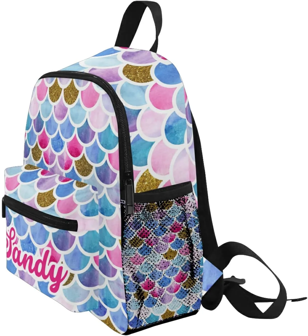 Sinestour Custom Glitter Mermaid Kid's Backpack Personalized with Name/Text, Preschool Backpack for Boys & Girls, 10x4x12 Inches, Multicolor, 15L