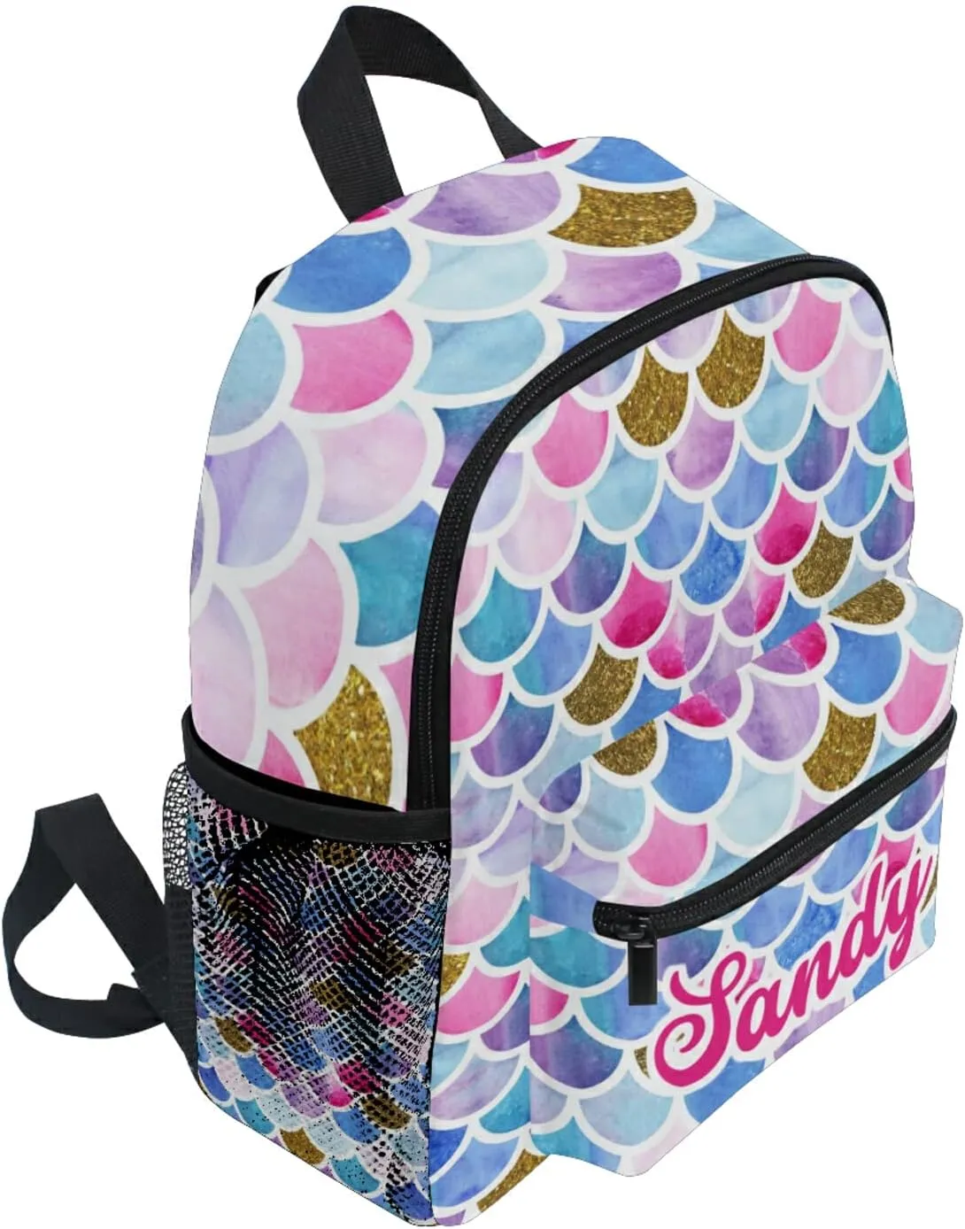 Sinestour Custom Glitter Mermaid Kid's Backpack Personalized with Name/Text, Preschool Backpack for Boys & Girls, 10x4x12 Inches, Multicolor, 15L