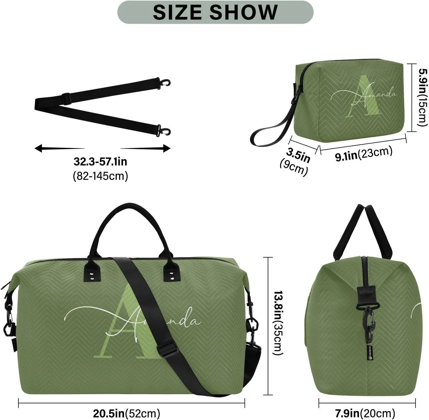 Sinestour Dark Green Custom Travel Duffel Bag for Men Women with Makeup Bag Personalized Weekend Overnight Carry On Bags for Under Seat Travel Airline