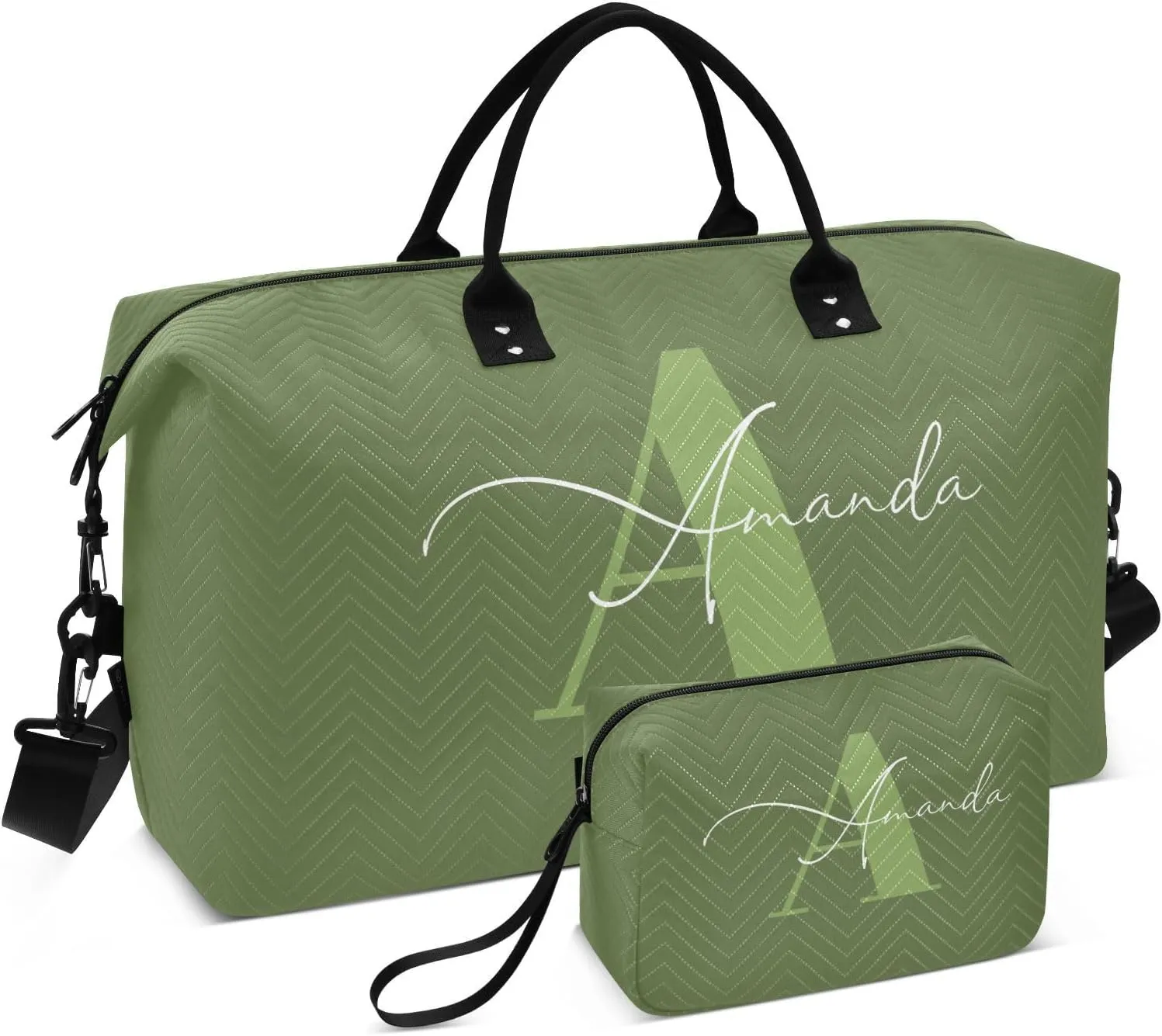 Sinestour Dark Green Custom Travel Duffel Bag for Men Women with Makeup Bag Personalized Weekend Overnight Carry On Bags for Under Seat Travel Airline