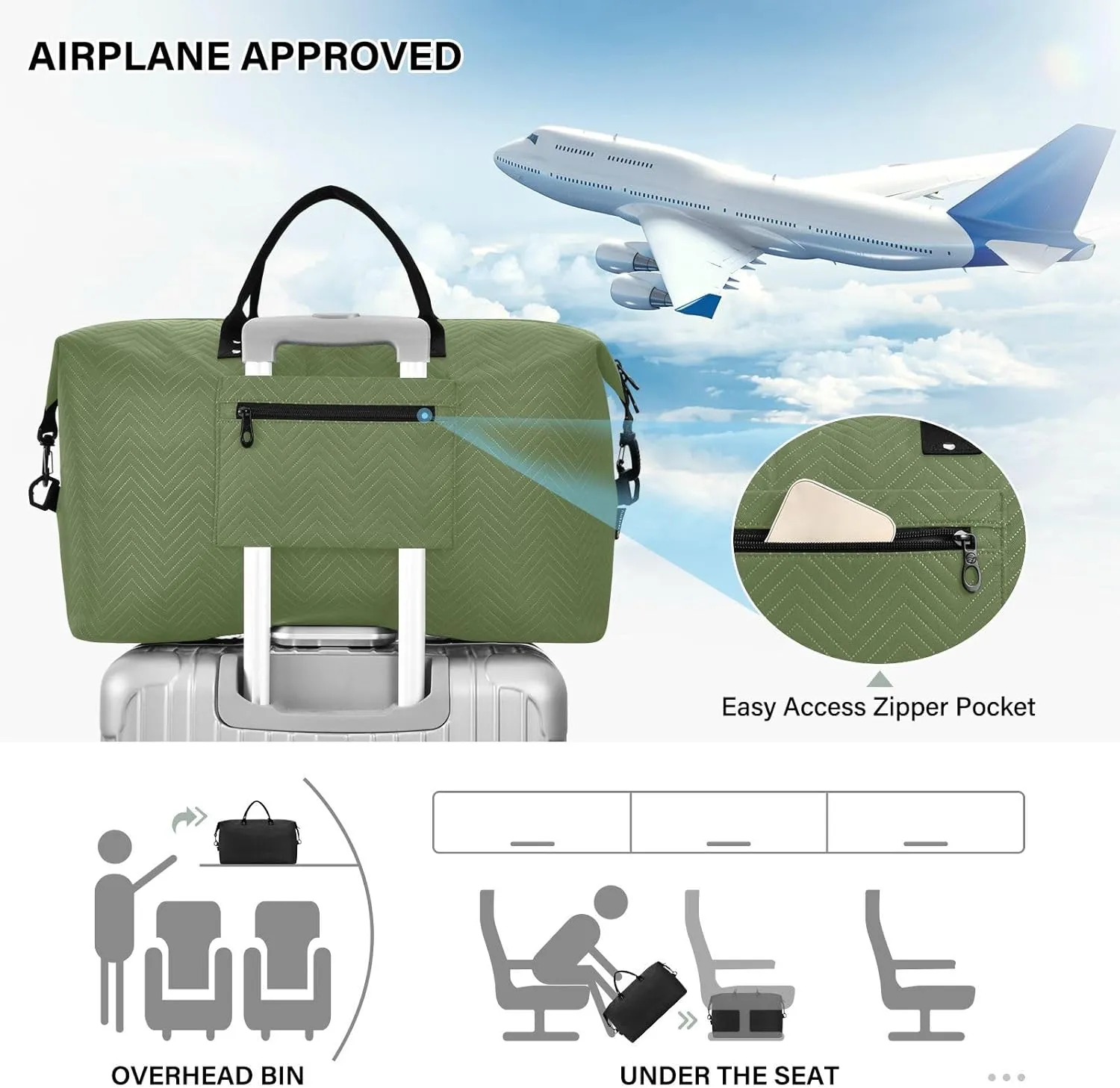 Sinestour Dark Green Custom Travel Duffel Bag for Men Women with Makeup Bag Personalized Weekend Overnight Carry On Bags for Under Seat Travel Airline