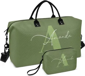 Sinestour Dark Green Custom Travel Duffel Bag for Men Women with Makeup Bag Personalized Weekend Overnight Carry On Bags for Under Seat Travel Airline