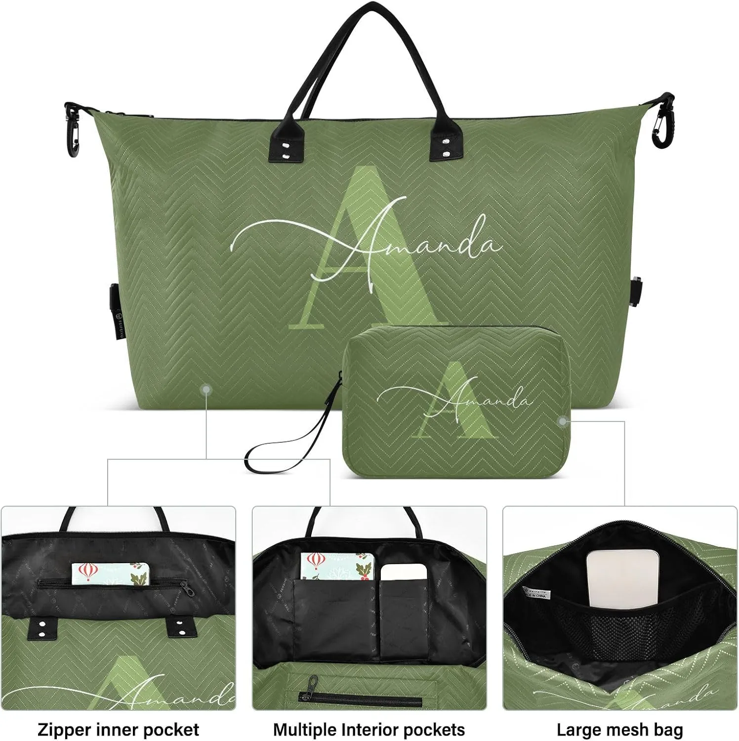 Sinestour Dark Green Custom Travel Duffel Bag for Men Women with Makeup Bag Personalized Weekend Overnight Carry On Bags for Under Seat Travel Airline