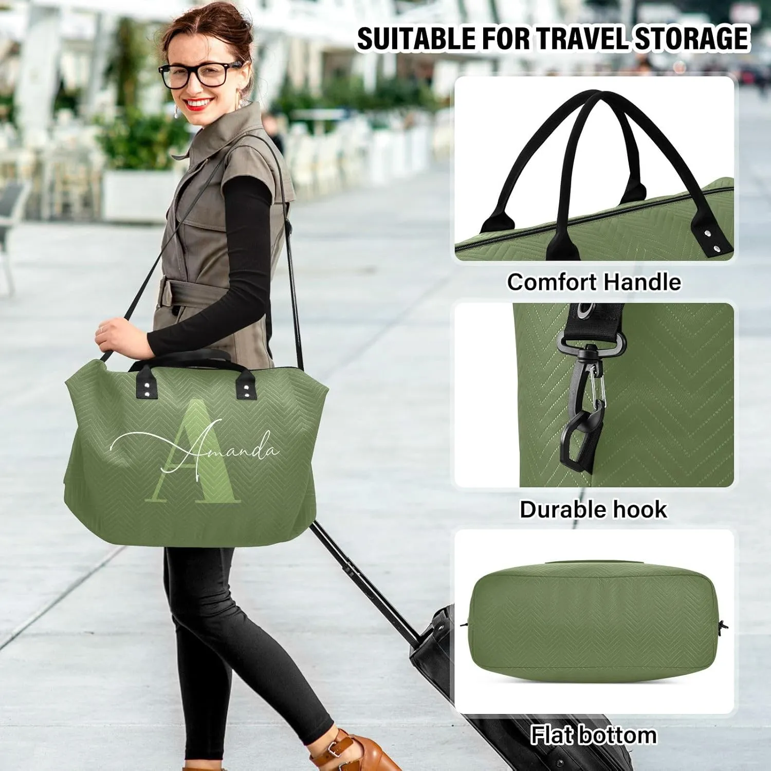 Sinestour Dark Green Custom Travel Duffel Bag for Men Women with Makeup Bag Personalized Weekend Overnight Carry On Bags for Under Seat Travel Airline