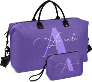 Sinestour Dark Purple Custom Travel Duffel Bag for Men Women with Makeup Bag Personalized Weekend Overnight Carry On Bags for Getaway Weekend Travel