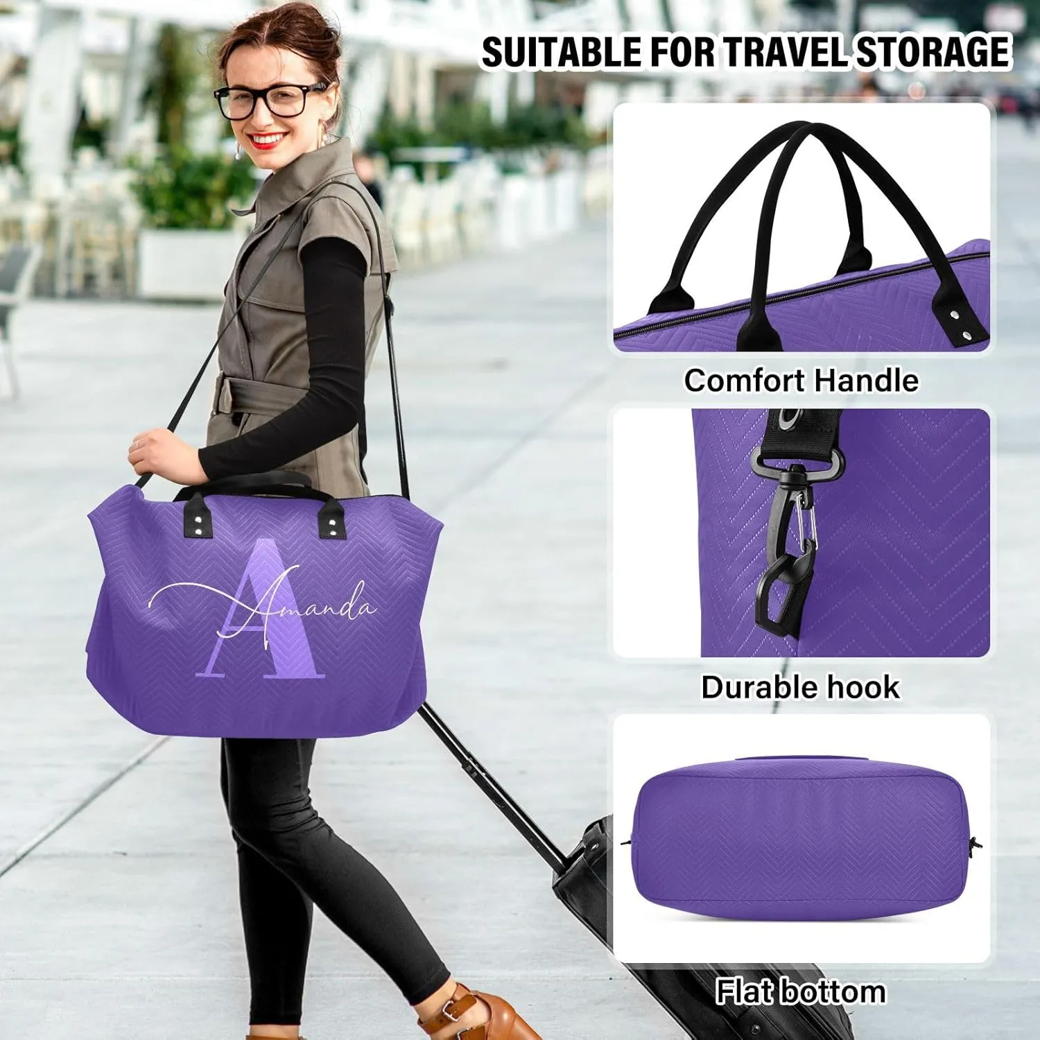 Sinestour Dark Purple Custom Travel Duffel Bag for Men Women with Makeup Bag Personalized Weekend Overnight Carry On Bags for Getaway Weekend Travel