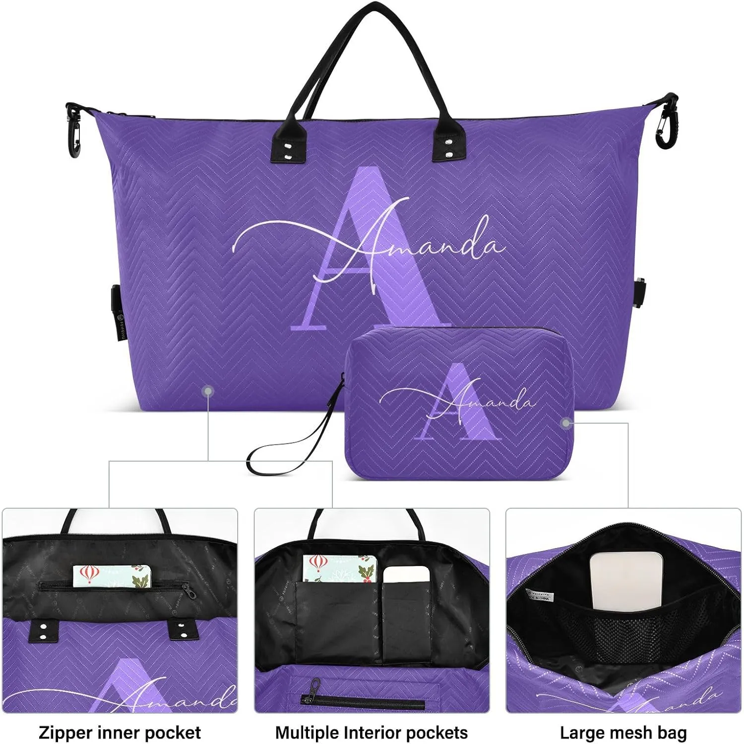 Sinestour Dark Purple Custom Travel Duffel Bag for Men Women with Makeup Bag Personalized Weekend Overnight Carry On Bags for Getaway Weekend Travel