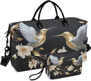 Sinestour Hummingbirds Florals Gold Travel Duffel Bag for Men Women with Makeup Bag Weekend Overnight Carry On Bags for Yoga Travel Gym