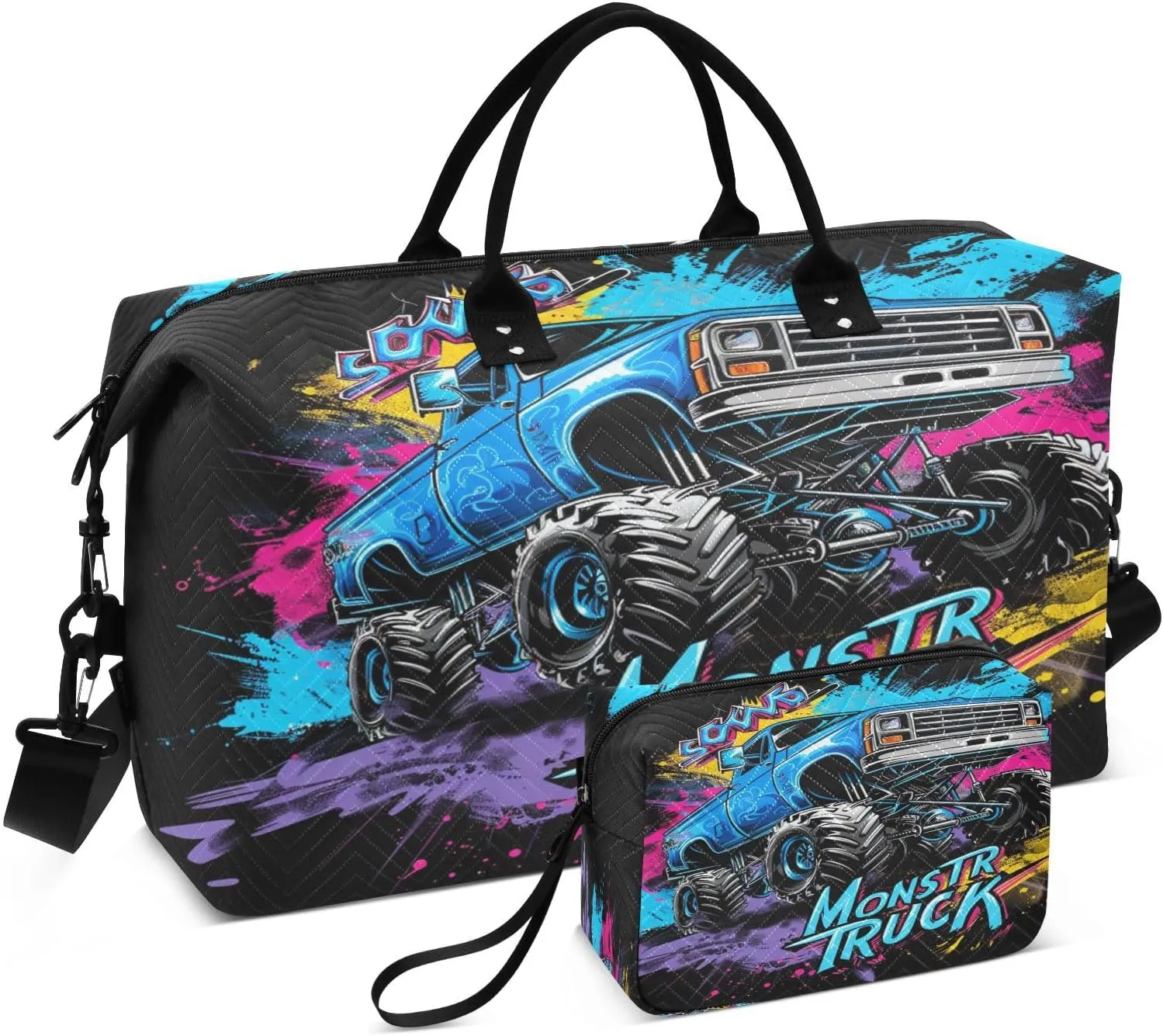 Sinestour Monster Truck Off Road Travel Duffel Bag for Men Women with Makeup Bag Weekend Overnight Carry On Bags for Travel Gym Hospital