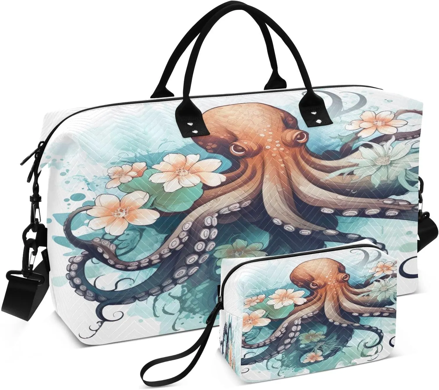 Sinestour Octopus Flower Travel Duffel Bag for Men Women with Makeup Bag Weekend Overnight Carry On Bags for Under Seat Travel Airline