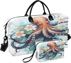Sinestour Octopus Flower Travel Duffel Bag for Men Women with Makeup Bag Weekend Overnight Carry On Bags for Under Seat Travel Airline