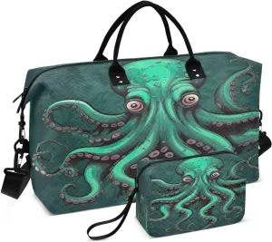 Sinestour Octopus Green Travel Duffel Bag for Men Women with Makeup Bag Weekend Overnight Carry On Bags for Yoga Travel Gym