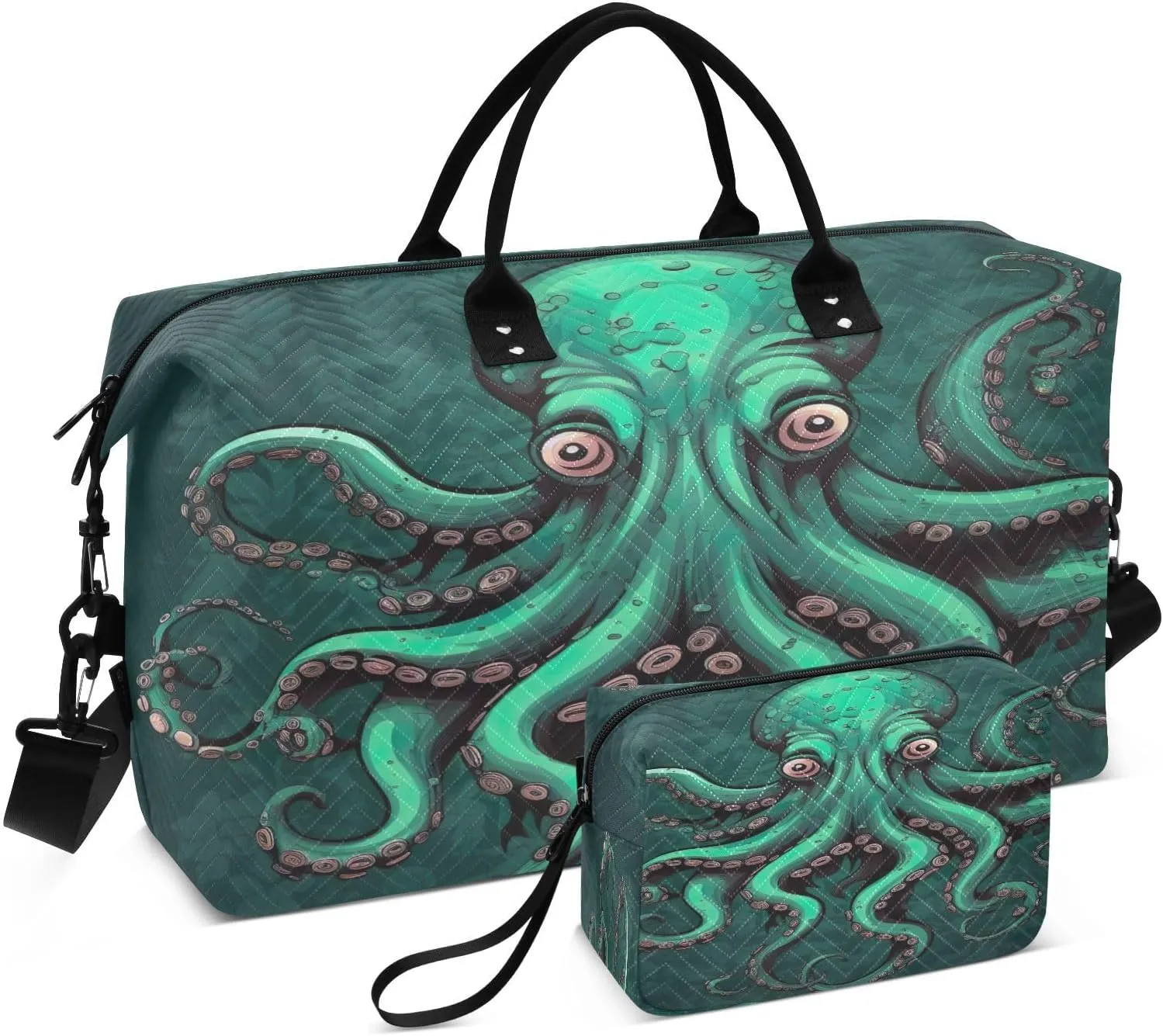 Sinestour Octopus Green Travel Duffel Bag for Men Women with Makeup Bag Weekend Overnight Carry On Bags for Yoga Travel Gym