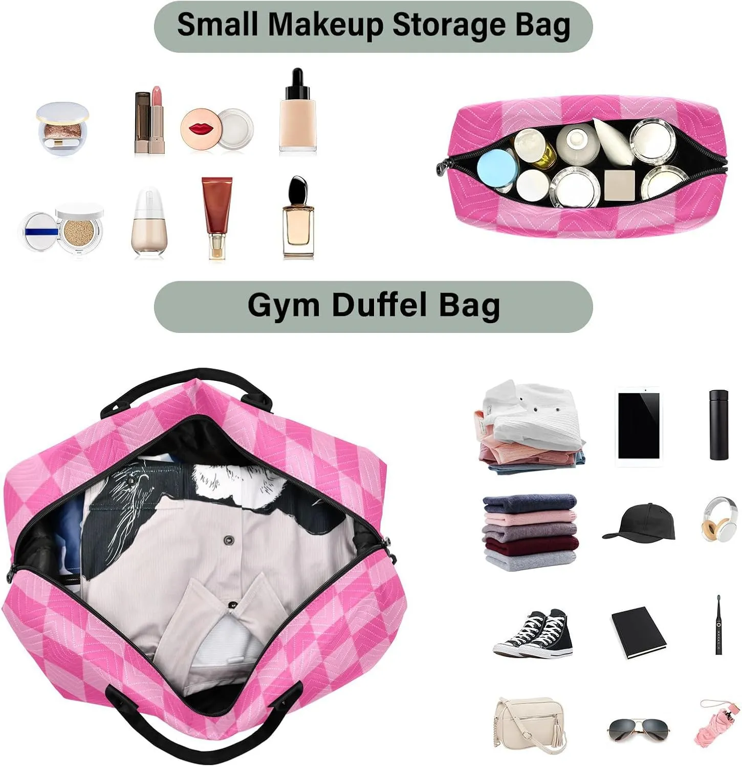 Sinestour Pink Checkered Travel Duffel Bag for Men Women with Makeup Bag Weekend Overnight Carry On Bags for Workout Gym Traveling