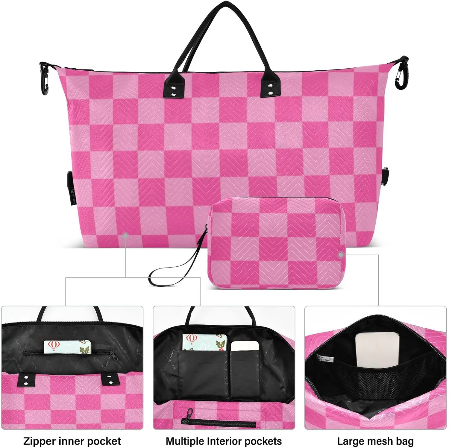 Sinestour Pink Checkered Travel Duffel Bag for Men Women with Makeup Bag Weekend Overnight Carry On Bags for Workout Gym Traveling