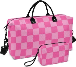 Sinestour Pink Checkered Travel Duffel Bag for Men Women with Makeup Bag Weekend Overnight Carry On Bags for Workout Gym Traveling