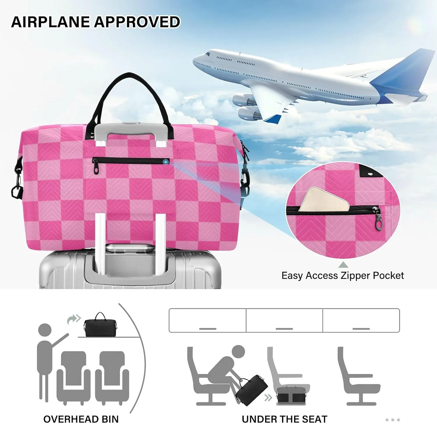 Sinestour Pink Checkered Travel Duffel Bag for Men Women with Makeup Bag Weekend Overnight Carry On Bags for Workout Gym Traveling