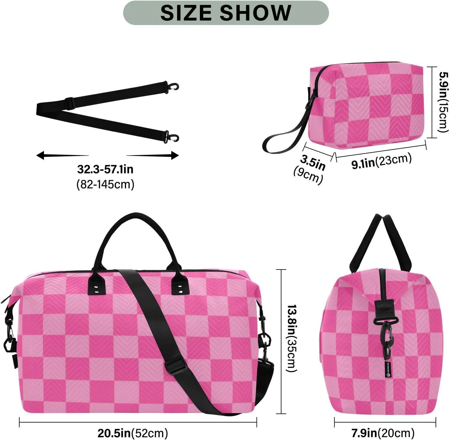 Sinestour Pink Checkered Travel Duffel Bag for Men Women with Makeup Bag Weekend Overnight Carry On Bags for Workout Gym Traveling