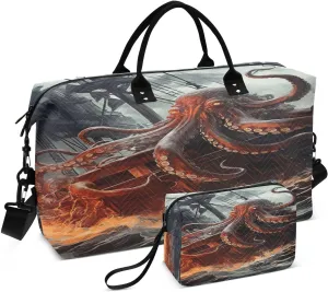 Sinestour Ship Octopus Stormy Travel Duffel Bag for Men Women with Makeup Bag Weekend Overnight Carry On Bags for Airline Under Seat Travel