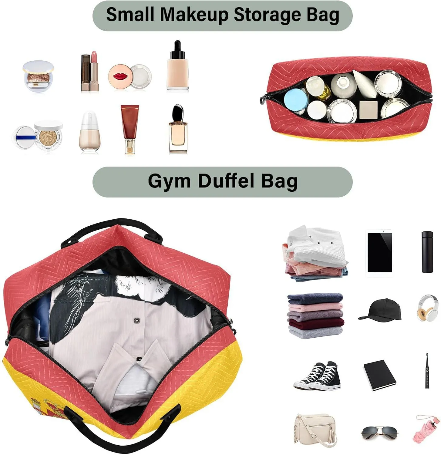 Sinestour Spain Flag Travel Duffel Bag for Men Women with Makeup Bag Weekend Overnight Carry On Bags for Getaway Weekend Travel