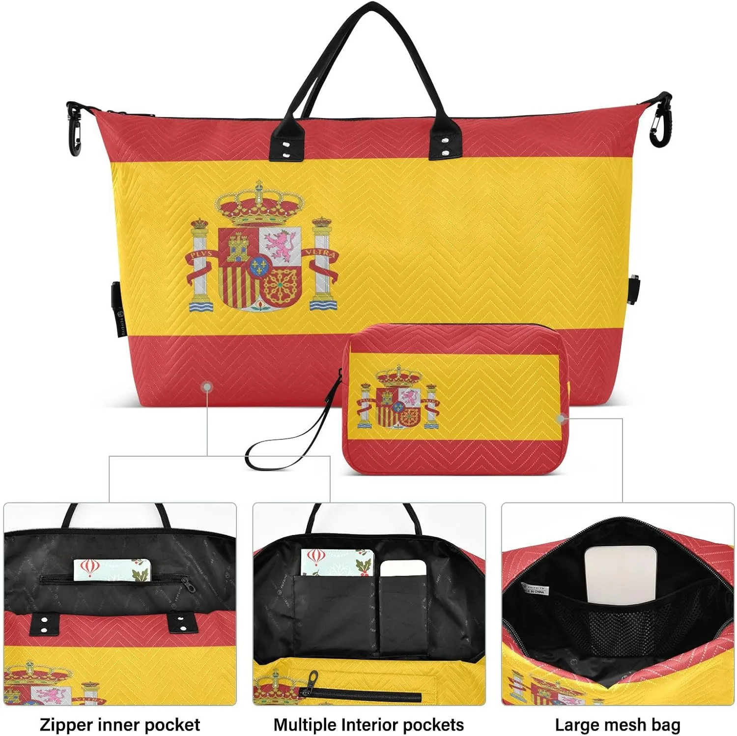 Sinestour Spain Flag Travel Duffel Bag for Men Women with Makeup Bag Weekend Overnight Carry On Bags for Getaway Weekend Travel
