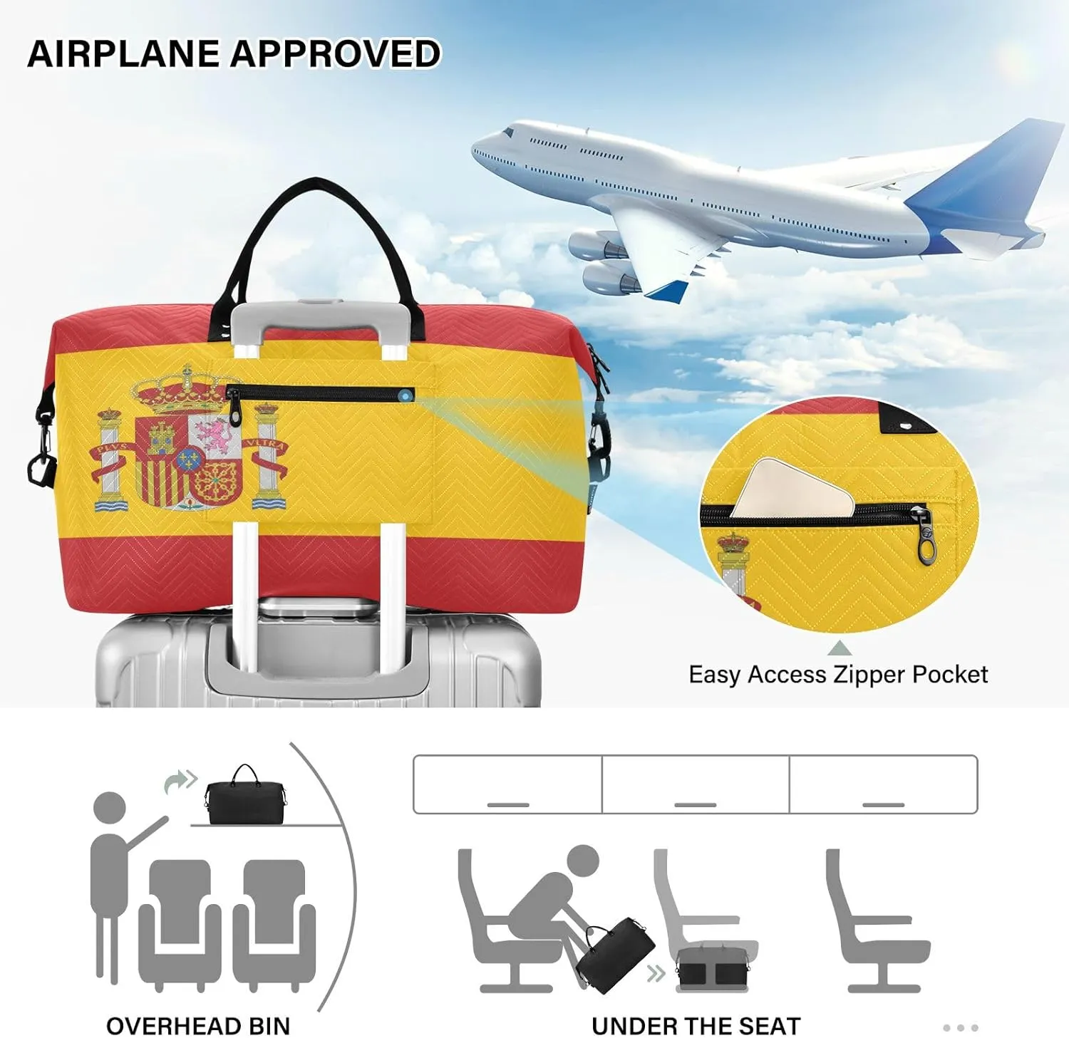 Sinestour Spain Flag Travel Duffel Bag for Men Women with Makeup Bag Weekend Overnight Carry On Bags for Getaway Weekend Travel
