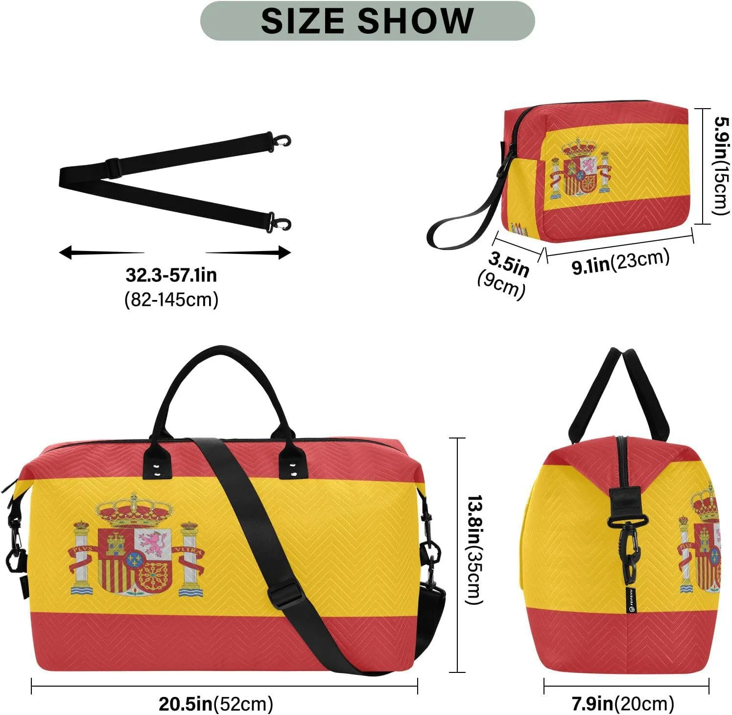 Sinestour Spain Flag Travel Duffel Bag for Men Women with Makeup Bag Weekend Overnight Carry On Bags for Getaway Weekend Travel