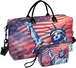 Sinestour Statue Liberty American Flag Travel Duffel Bag for Men Women with Makeup Bag Weekend Overnight Carry On Bags for Traveling Workout Gym