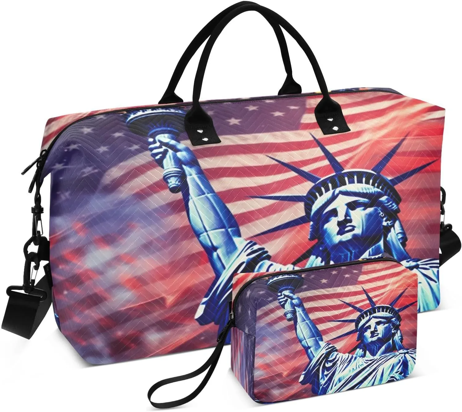 Sinestour Statue Liberty American Flag Travel Duffel Bag for Men Women with Makeup Bag Weekend Overnight Carry On Bags for Traveling Workout Gym