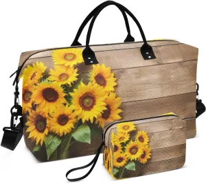 Sinestour Sunflower Plank Travel Duffel Bag for Men Women with Makeup Bag Weekend Overnight Carry On Bags for Travel Weekend Getaway