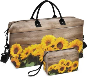 Sinestour Sunflower Plank Travel Duffel Bag for Men Women with Makeup Bag Weekend Overnight Carry On Bags for Traveling Workout Gym