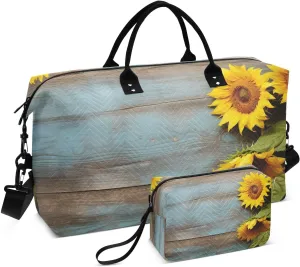 Sinestour Teal Wooden Sunflowers Flowers Travel Duffel Bag for Men Women with Makeup Bag Weekend Overnight Carry On Bags for Airline Travel Gym