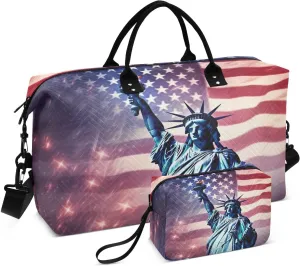 Sinestour Vintage Statue Of Liberty American Flag Travel Duffel Bag for Men Women with Makeup Bag Weekend Overnight Carry On Bags for Workout Gym Traveling