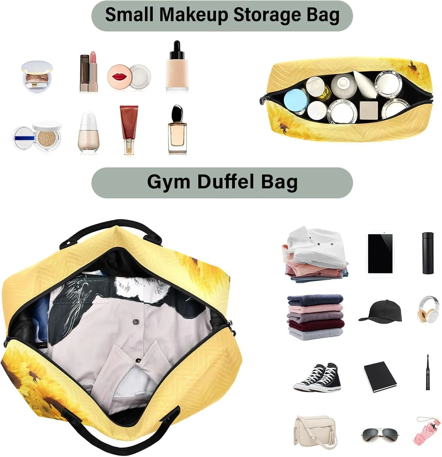 Sinestour Yellow Sunflower Travel Duffel Bag for Men Women with Makeup Bag Weekend Overnight Carry On Bags for Travel Weekend Getaway